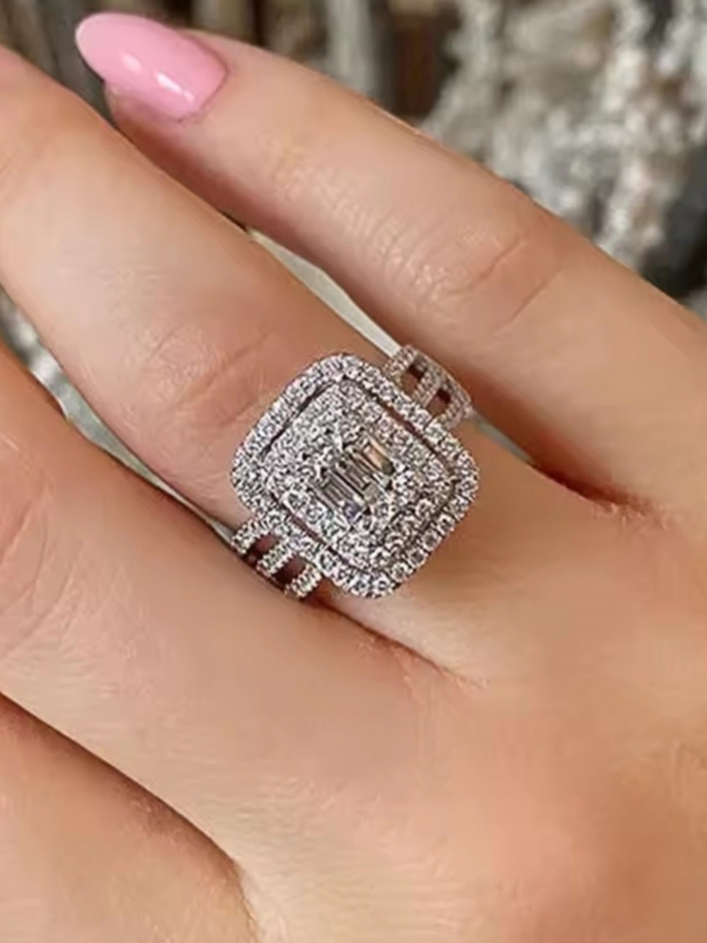 Pink Nail & Silver Halo Diamond Cluster Ring - Women Jewelry